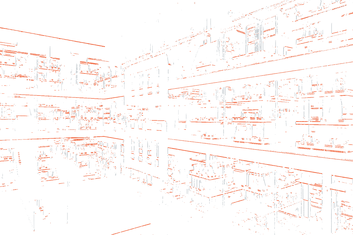 Multi-level storage interior rendered as line art: floor plates and beams picked out in Red-Orange, columns in silver